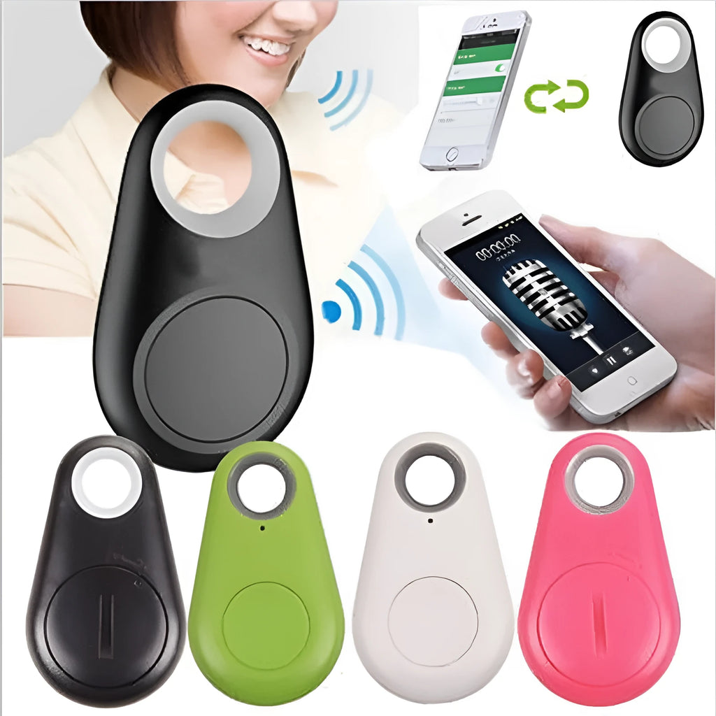 Small Bluetooth tracker in black with keyring hole, 3.1cm x 5.2cm, paired with smartphone