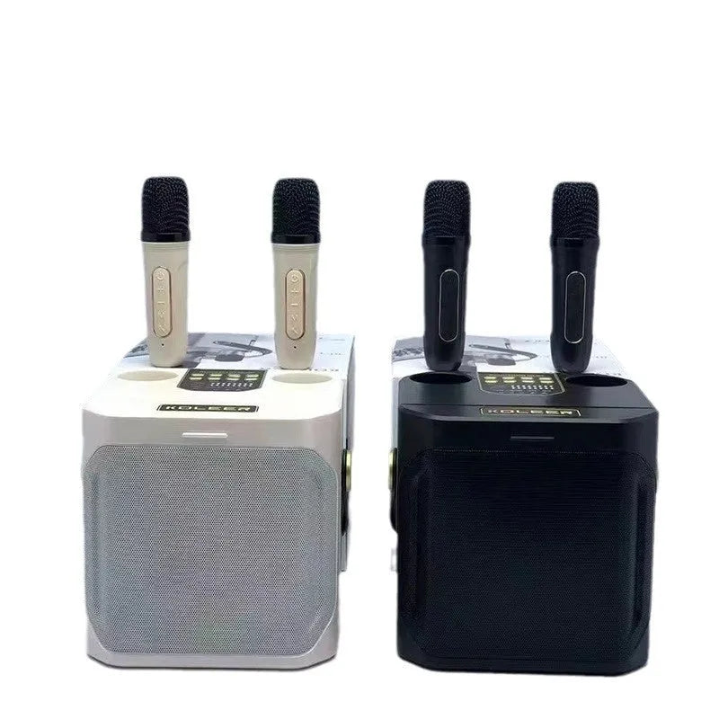 Dual stereo portable karaoke speaker box with two microphones, white or black, 143x168x171mm