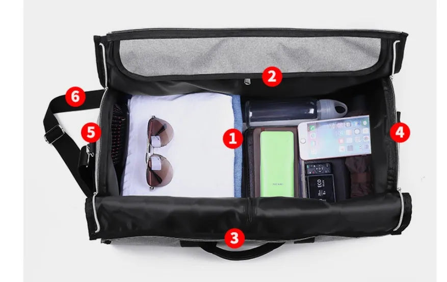 Cylinder-shaped travel duffle bag in Oxford cloth, shown in a choice of colours including black, blue, red, and light grey.