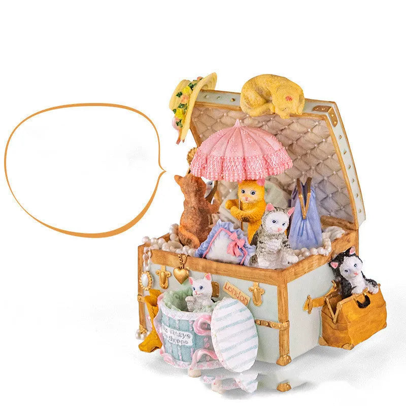 Cold porcelain European style cat jewellery box music box with rotating snowflake illumination
