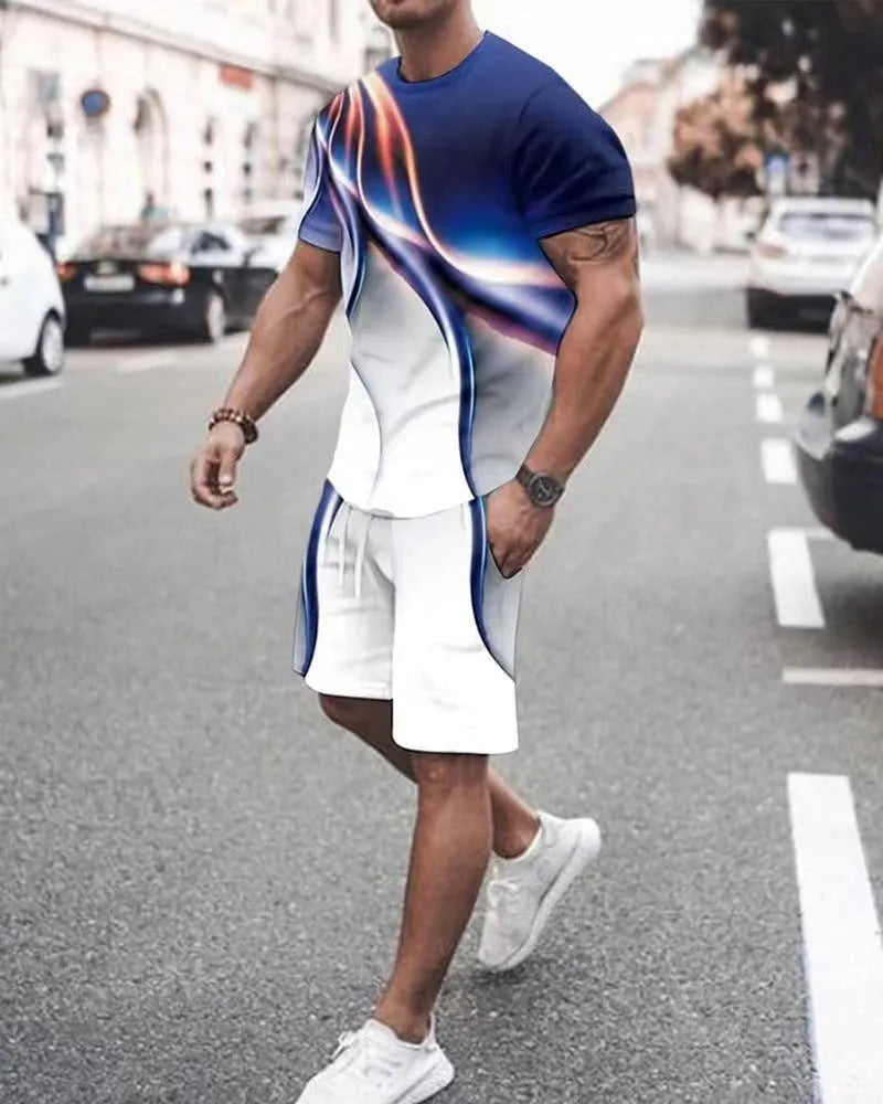 Men's casual printed t-shirt and shorts set in polyester, available in multiple colour options and sizes S to 6XL