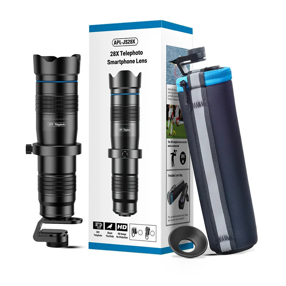 APEXEL 28 times lens black 36X magnification 199mm length multi-coated optics telephoto attachment