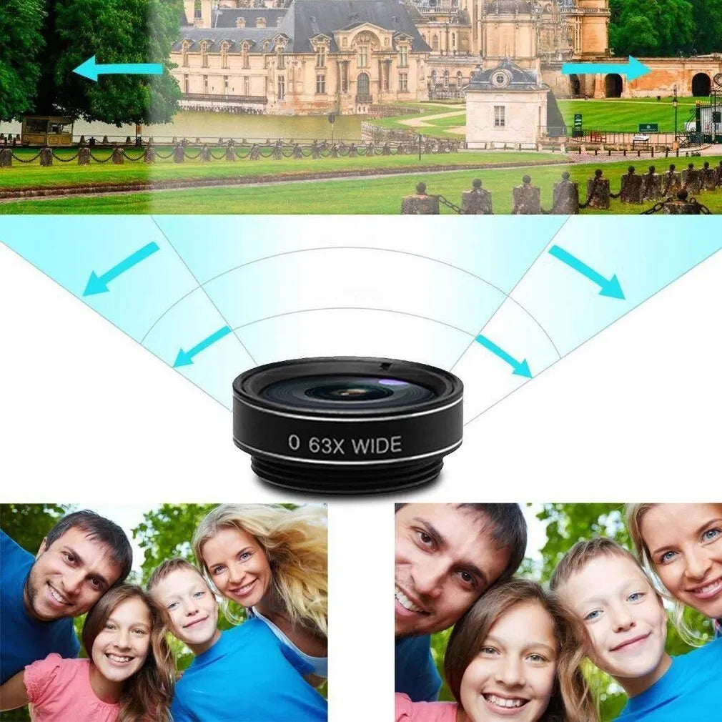 Black ten-in-one smartphone camera lens kit with fisheye, macro, and wide angle external lenses.
