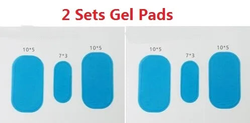 Compact EMS hip muscle training stimulator device with adhesive gel pads for buttocks and abdomen.