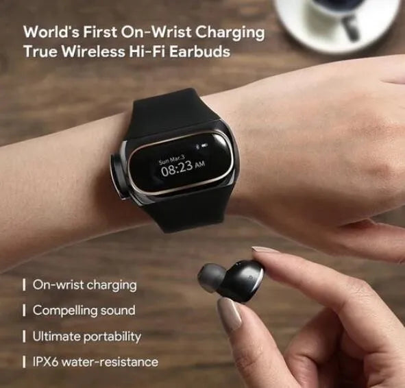 2 in 1 wireless earphone bracelet in black, silicone wristband with smart charging and fitness tracking