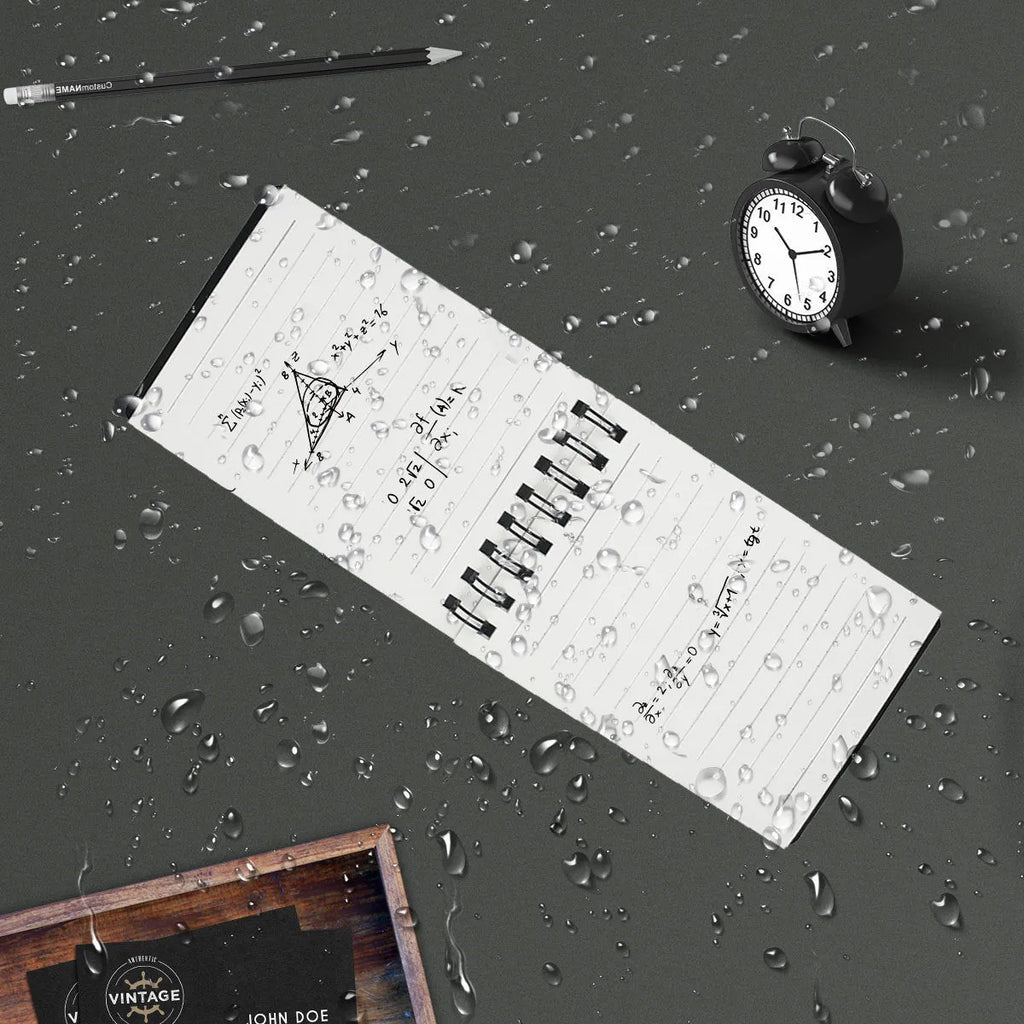 Spiral-bound business notepad with black and transparent white PP cover, pen, and cleaning cloth