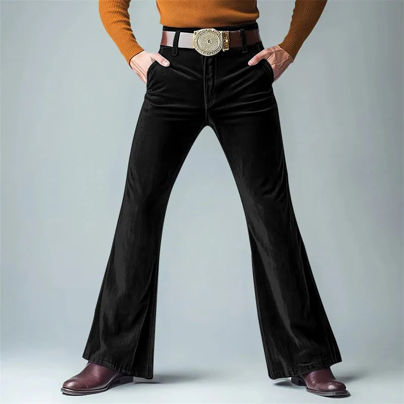 Men's gold velvet slim flared suit trousers in dark red colour