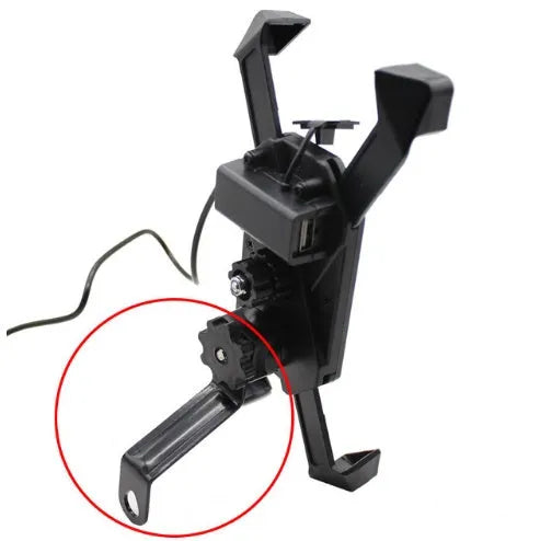 Black ABS motorcycle phone holder CD-169 mounted on a handlebar, showing USB charging port and adjustable phone clamp.