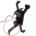 Black ABS motorcycle phone holder CD-169 mounted on a handlebar, showing USB charging port and adjustable phone clamp.