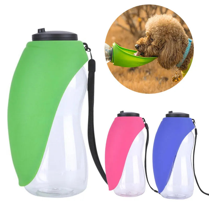 Blue portable pet water bottle with integrated drinking bowl, showing key lock mechanism.