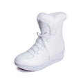 Black women's ankle winter boots with lace-up front, platform sole, and plush lining.