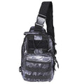 Small military tactical backpack with MOLLE webbing and camouflage design.
