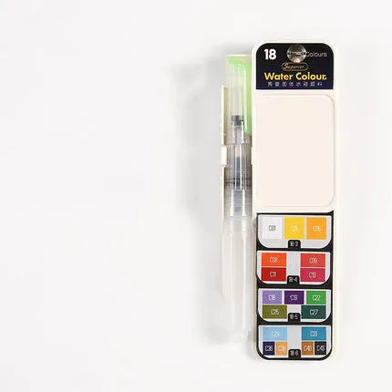Fan-shaped foldable solid watercolour paint set with transparent plastic box, fountain pen, and sponge