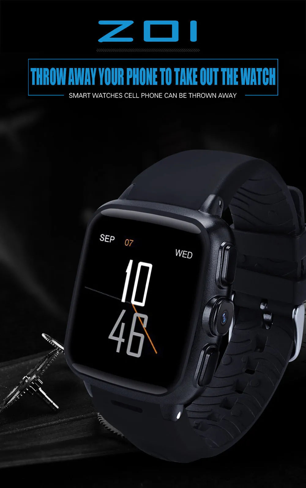 Black Z01 smart watch with a 1.54 inch touchscreen displayed on a wrist.