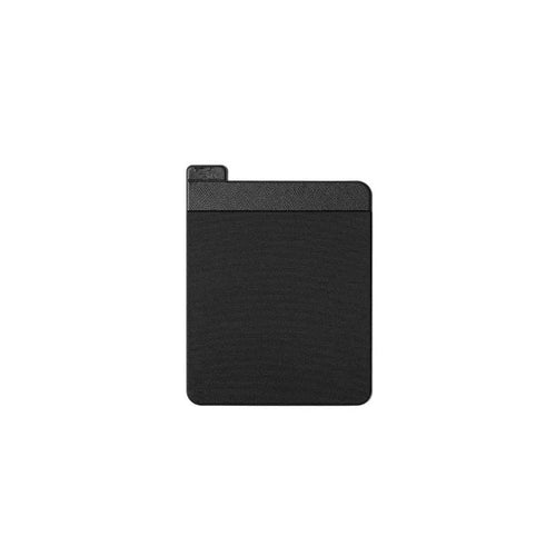 Black adhesive laptop back storage bag attached to a laptop, 15x12 cm, with pen loop and small items inside