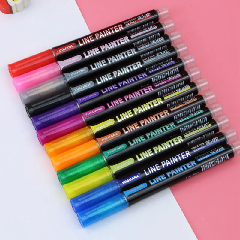 Set of 12 double line outline pens with metal bodies in assorted colours