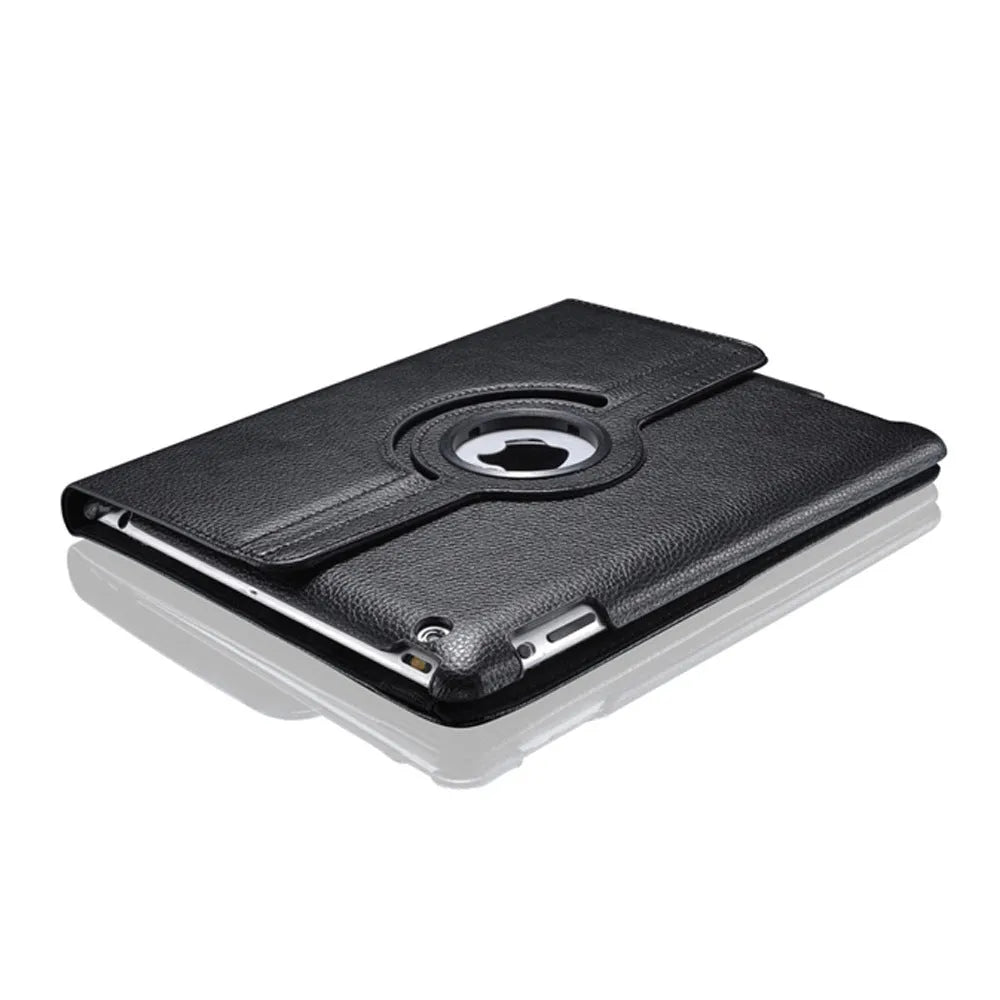 iPad PU leather rotary case in clam shell design shown in multiple colour options on a tablet.