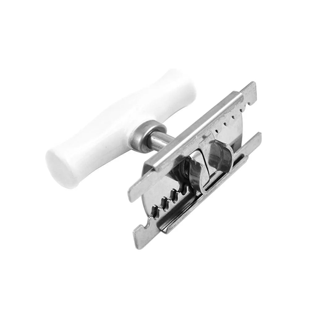 White stainless steel adjustable bottle opener with ABS plastic handle showing gear mechanism