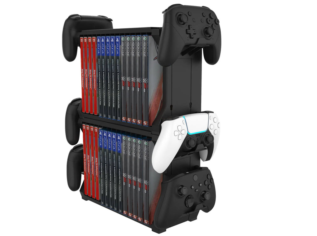 Black PS5 disc holder stand with slots for game cases and a rack holding four controllers.