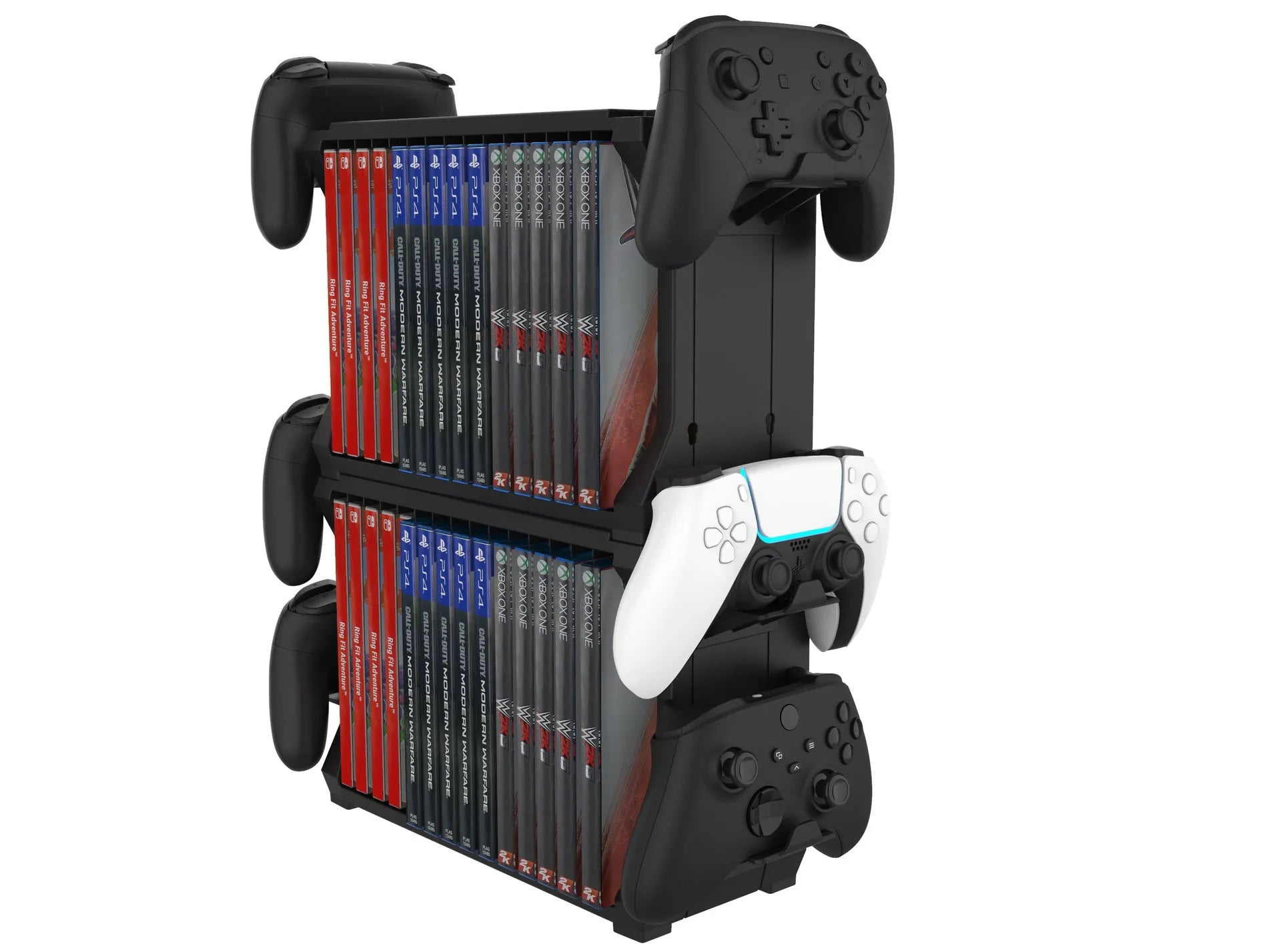Black PS5 disc holder stand with slots for game cases and a rack holding four controllers.