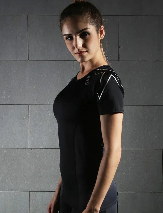 Women's black compression short-sleeved top with stretch fabric, XS size, front view
