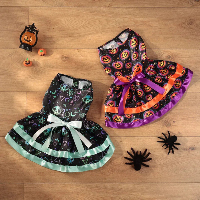 Halloween dog skirt with colourful pumpkin and skull prints, shown on a model dog.