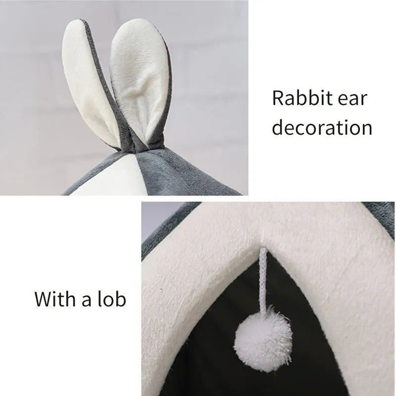 Rabbit ear Mongolian nest pet bed in arctic velvet and PP cotton, grey and pink, sizes S to XL