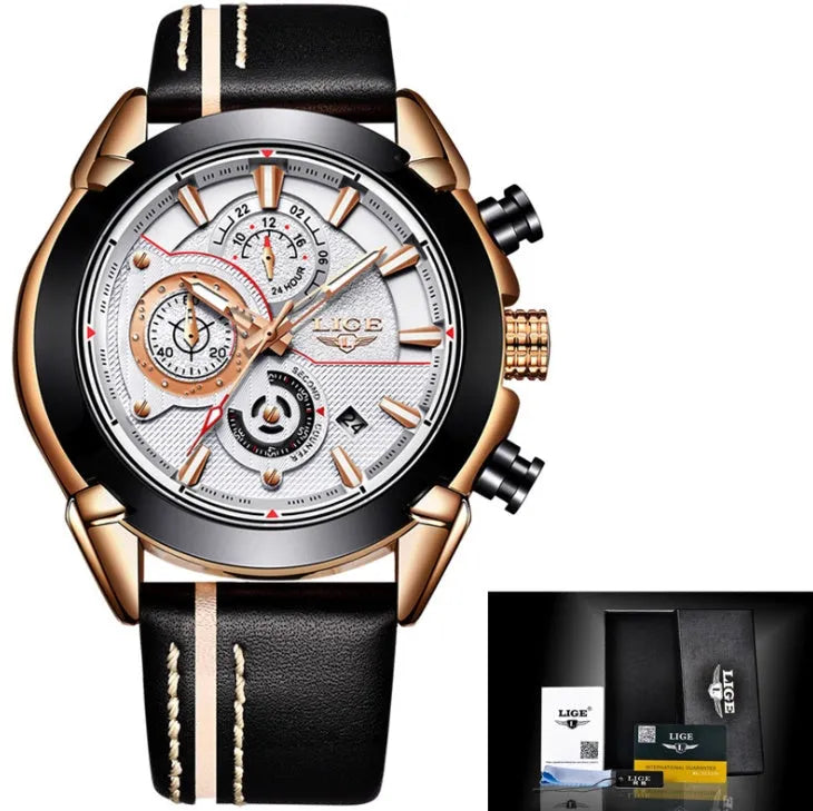 LIGE men's quartz chronograph watch 45mm stainless steel case black dial leather band luminous hands