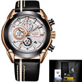LIGE men's quartz chronograph watch 45mm stainless steel case black dial leather band luminous hands