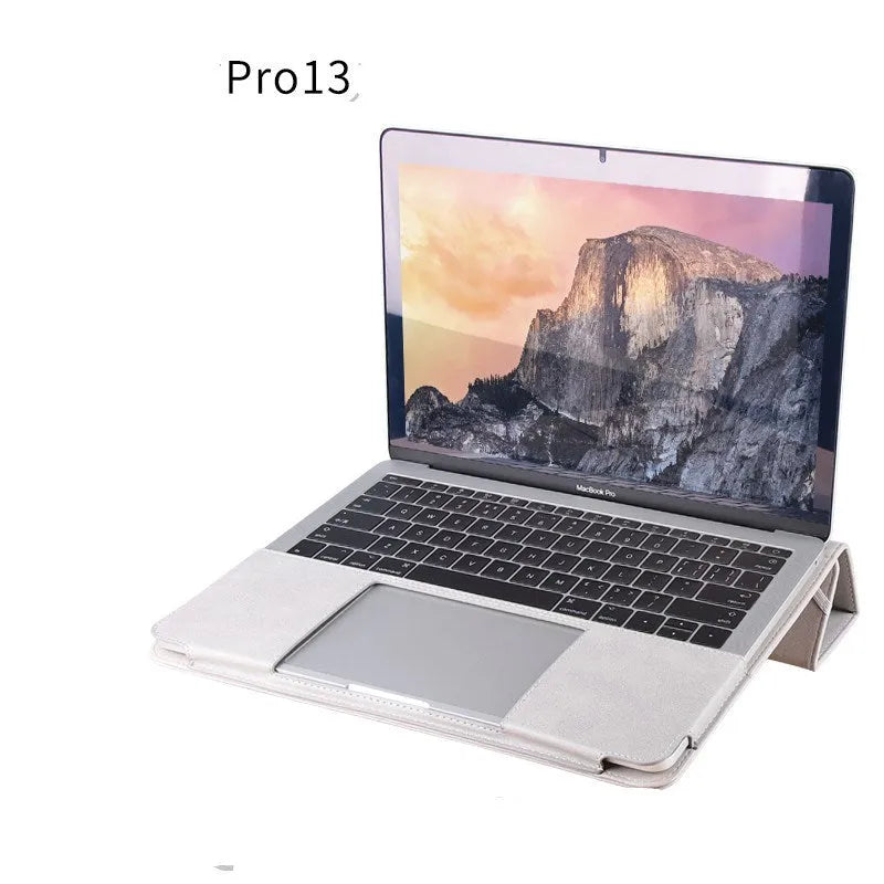 Imitation leather laptop sleeve for 13.3-inch MacBook Pro in brown, shown on a desk