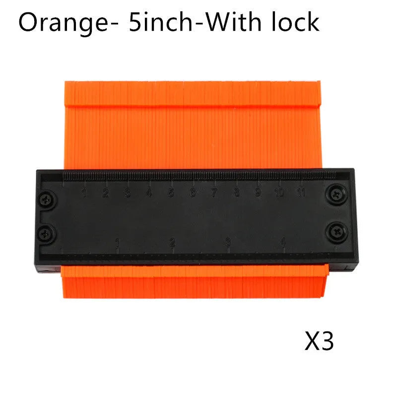 5 and 10 inch orange plastic contour gauge with teeth for copying shapes, on a tile surface