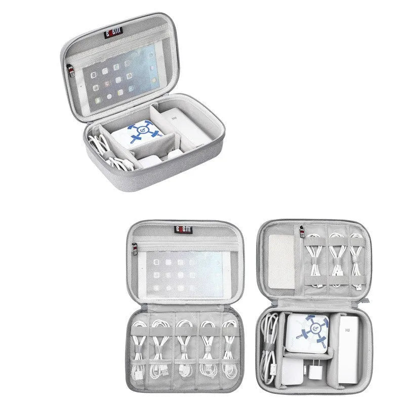 Black and grey EVA digital storage bag with hand bag shape for organising headphones and cables.