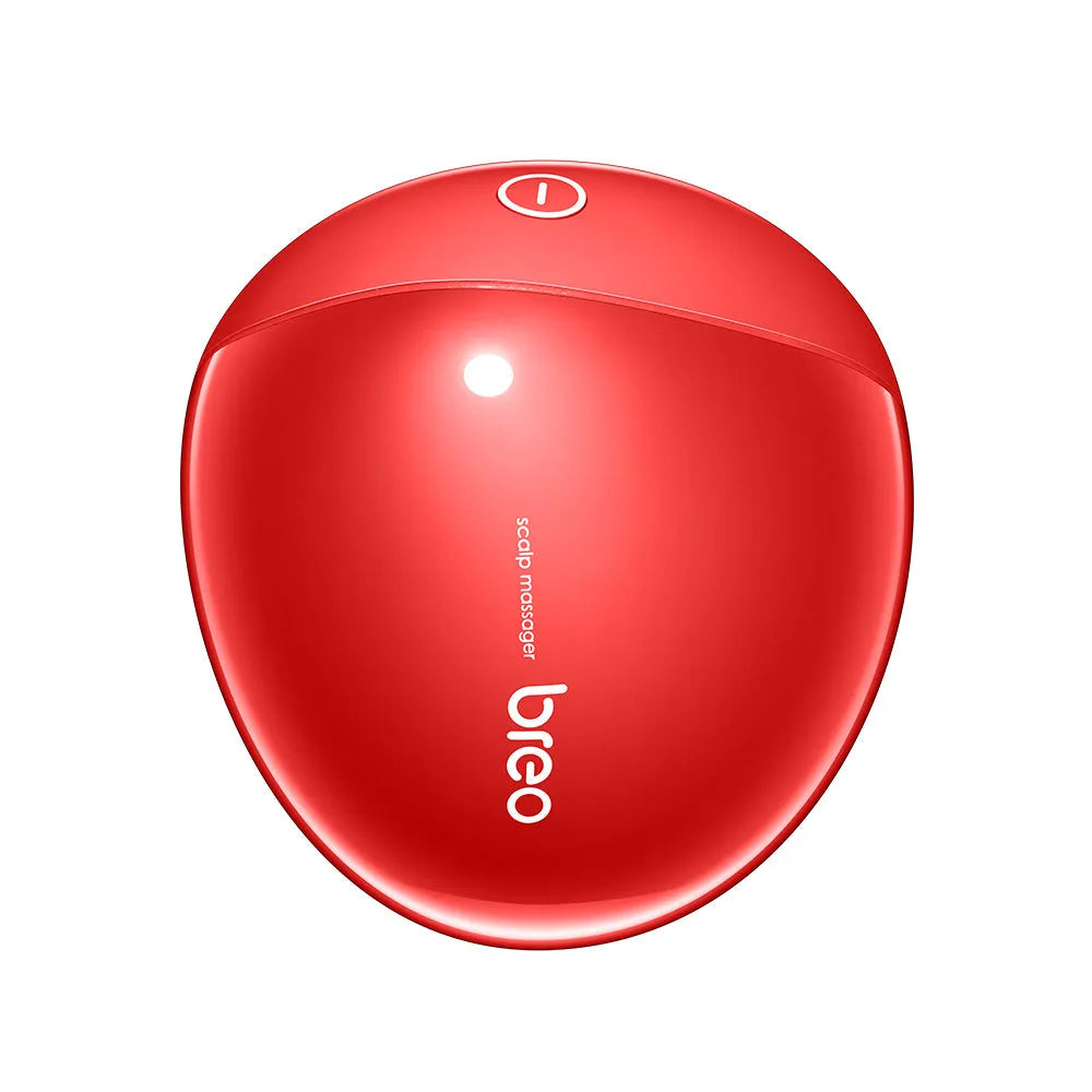 Red electric scalp massager with dimensions 110x120x82mm for relieving head tension