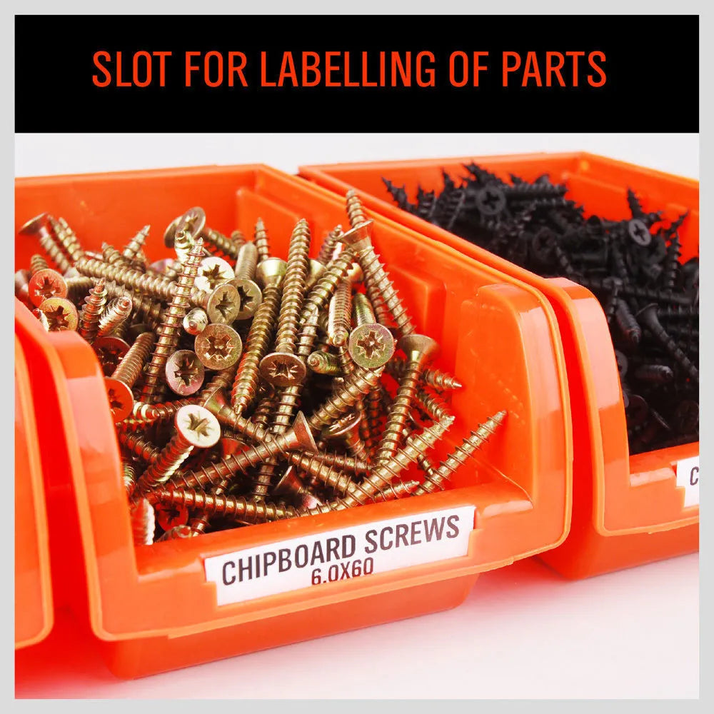 Stackable plastic tool box with eight compartments for tool storage.
