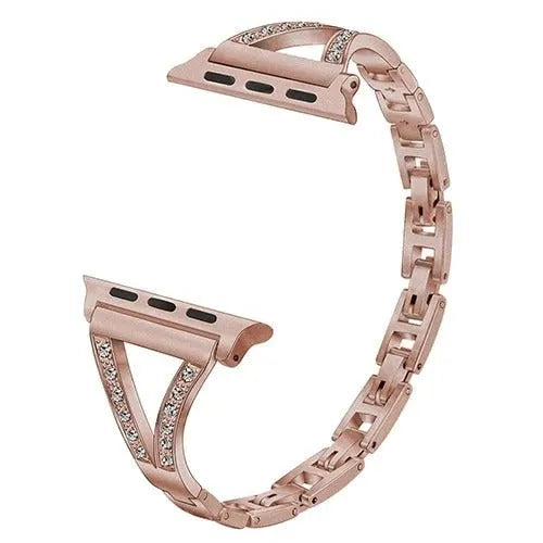 Stainless steel Apple Watch strap with diamond-studded connectors in multiple colour options.