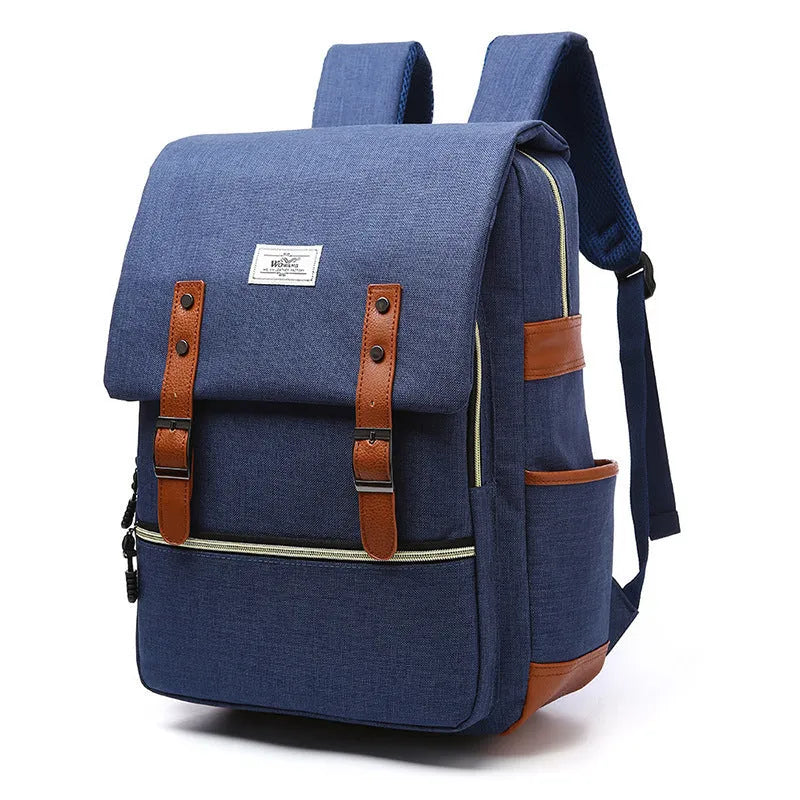 Vintage canvas backpack with USB charging in sapphire blue for school and travel
