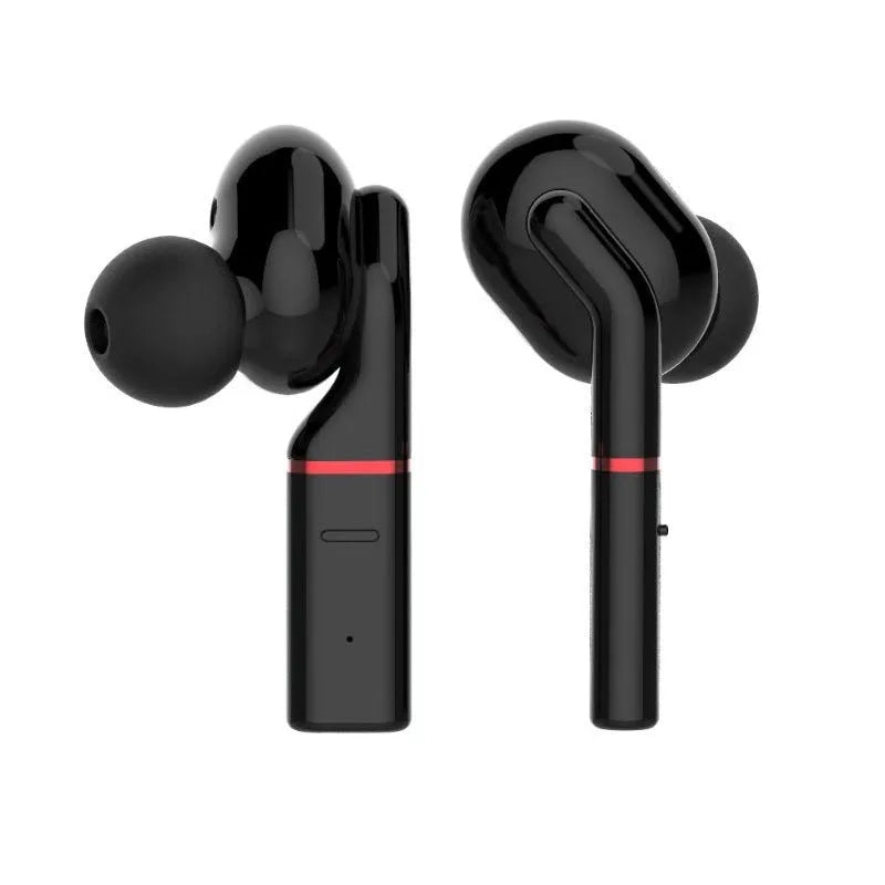 Black and white Bluetooth wireless earphones with charging case showing V5.0 technology