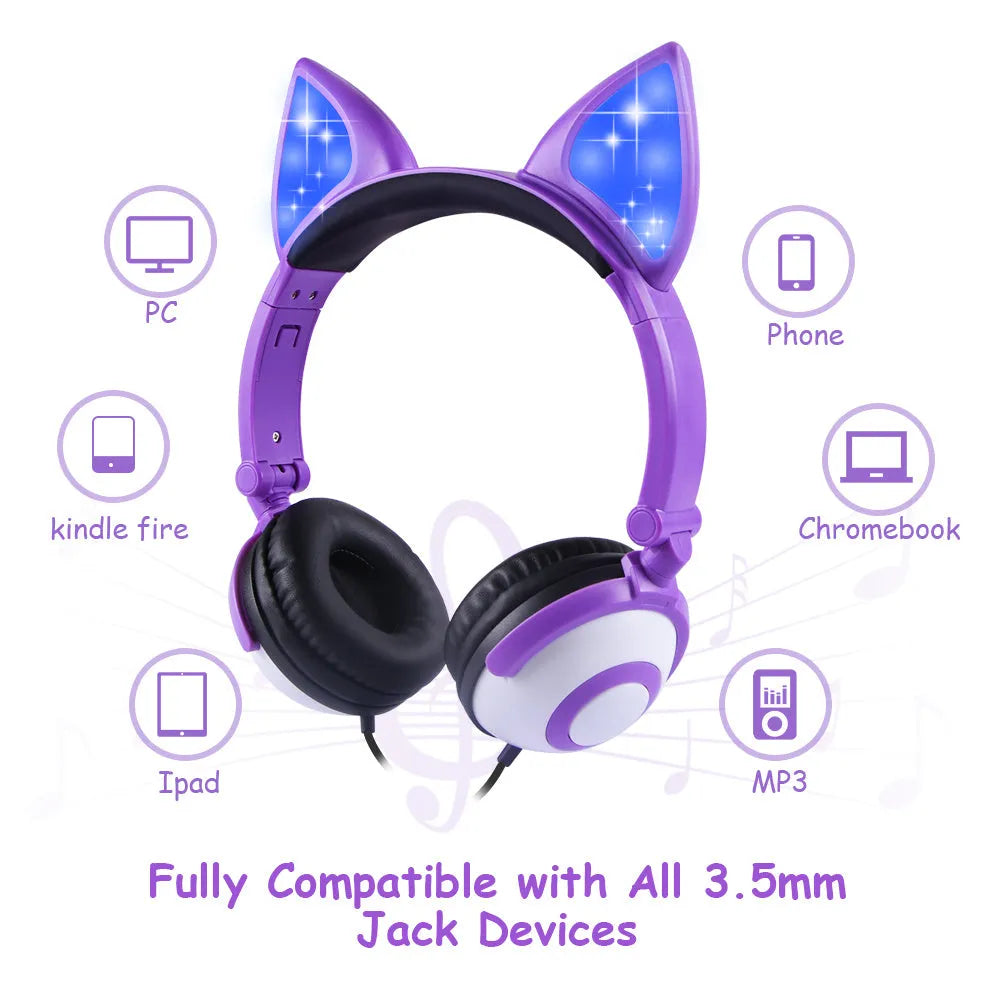 LED flashing cat ear headphones, wired 3.5mm over-ear headdress with 40mm speakers in peach pink or purple