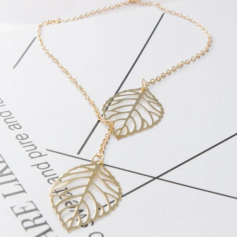 Leaf necklace in electroplated alloy, gold or silver colour, 21-50cm length, women's European and American style