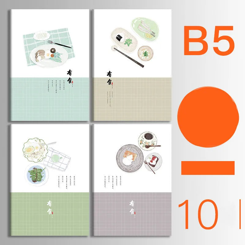 Set of 10 kraft paper notebooks with various hand-painted covers, shown open to display thread binding.