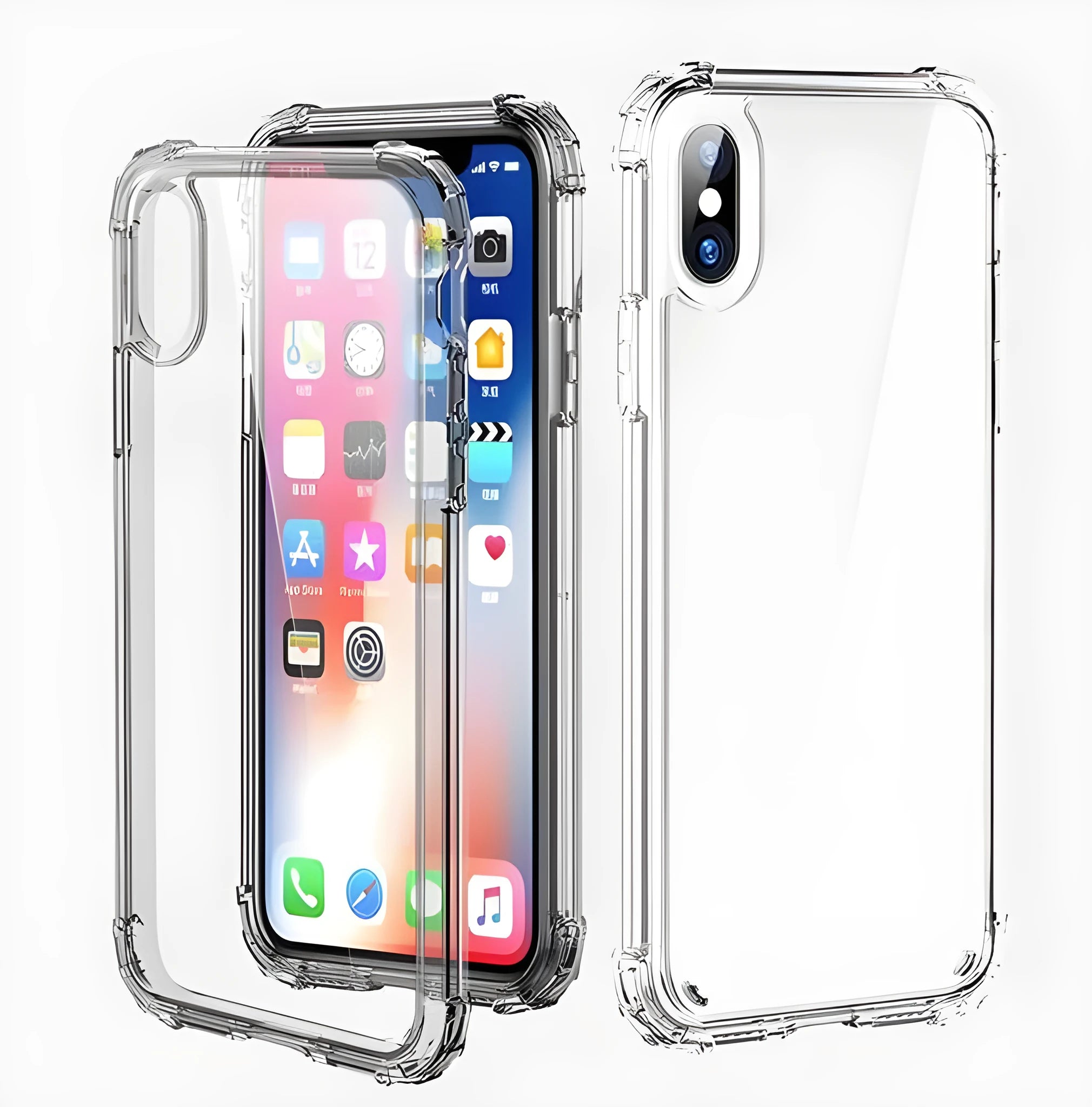 Transparent shockproof TPU iPhone case shown on an iPhone 12 Pro Max.