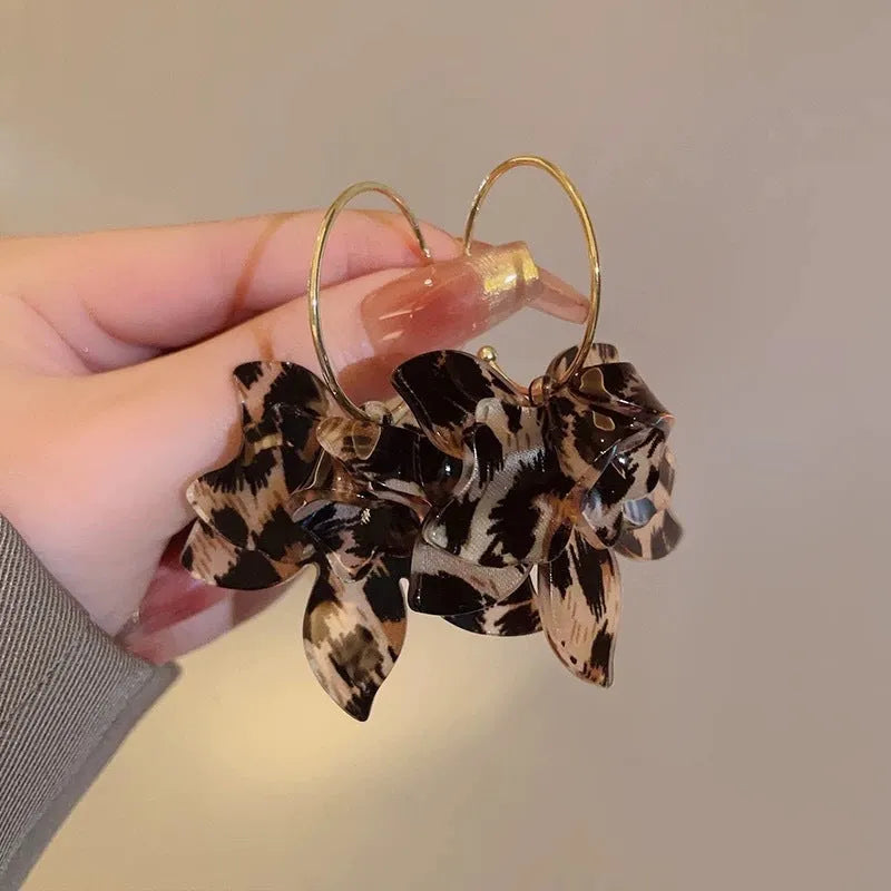 Large leopard print flower earrings in acetate, high-grade animal print and floral design women's jewellery
