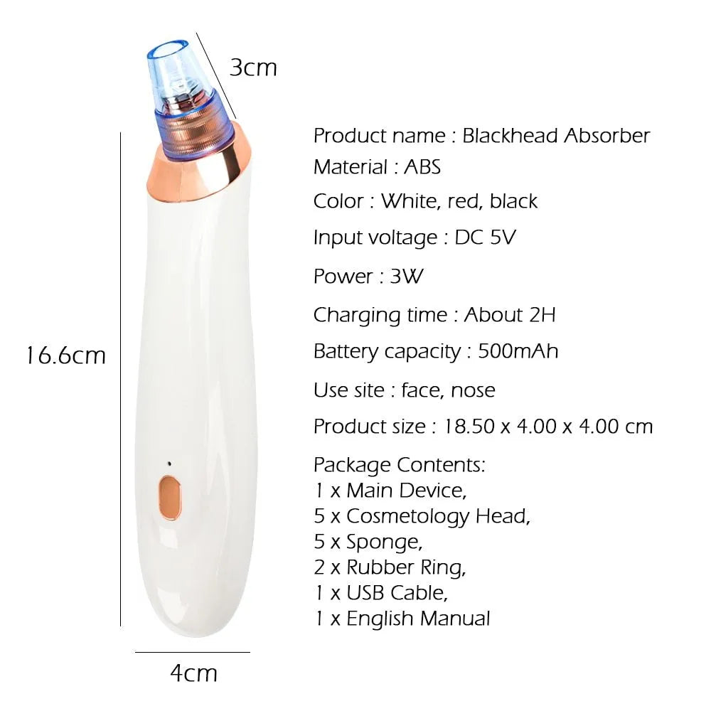 Electric blackhead remover vacuum pore cleaner, 18x2.5x2.5 cm, 3.7V lithium-ion, black gold red white