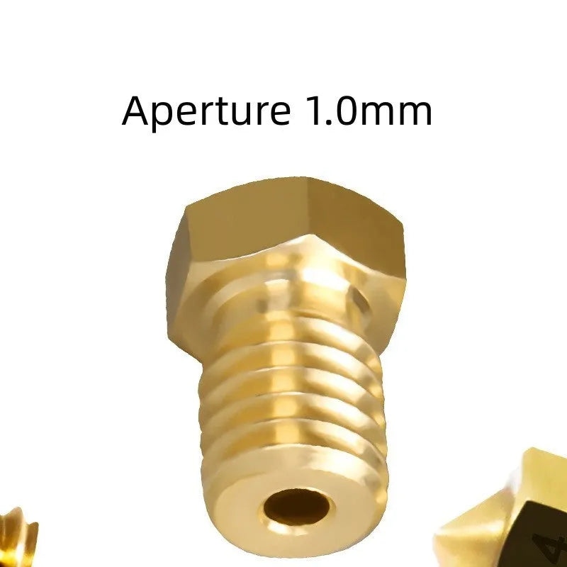 E3D brass 3D printer nozzle with M6 thread showing outlet aperture options