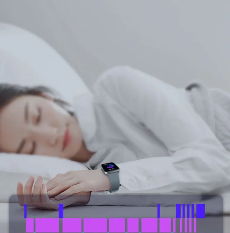 Blue smart sports watch with 1.7-inch touch screen on a wrist, showing a fitness tracking interface.
