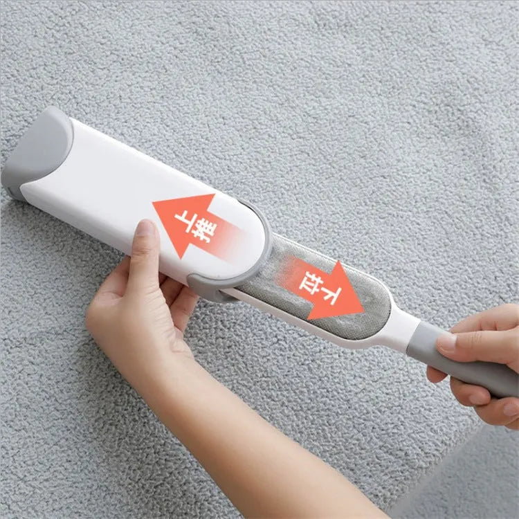 Electrostatic hair removal brush with polyester yarn bristles, two sizes and colour options, on a fabric surface