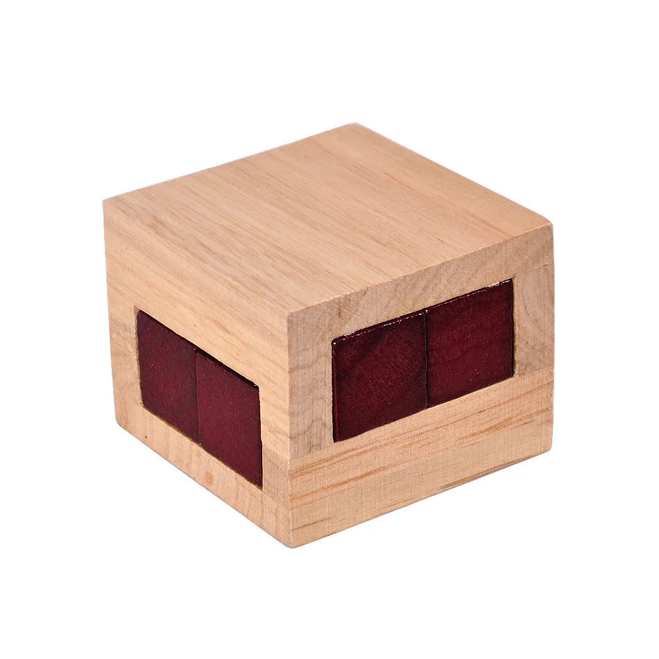 Wooden Kongming lock puzzle in Colour A, 7x7x5.5cm, on a table