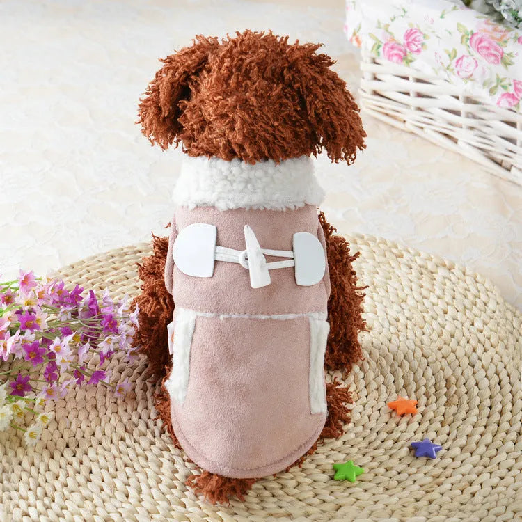 Teddy dog clothes costume in lamb velvet, available in brown or pink, sizes XS to XL.