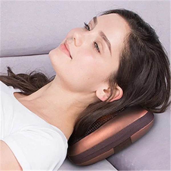 Electric neck massage pillow, coffee colour, 33x29x11cm, with infrared therapy and kneading rollers for home and car use.