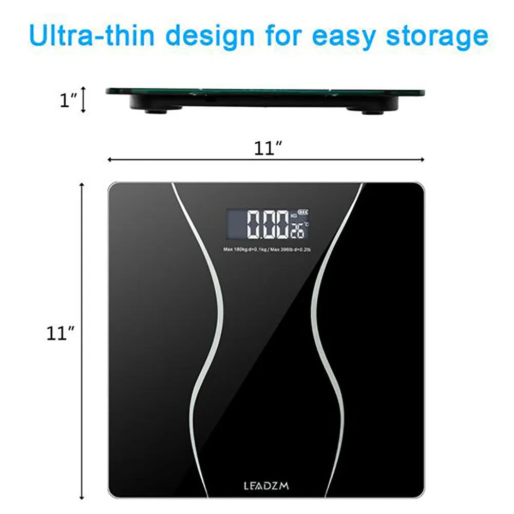 Black electronic digital bathroom scale on a floor showing a maximum capacity of 180 kg.